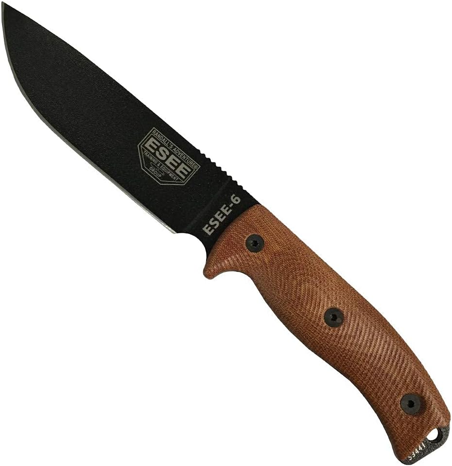 ESEE-6 1095 Carbon Steel, Black Sheath (Black Blade, Natural Canvas Micarta 3D Handle)