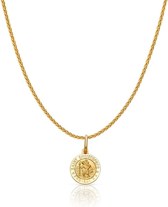 14K Yellow Gold St. Christopher Medal Pendant Necklace Protect Us Charm with 1.1mm Wheat Chain