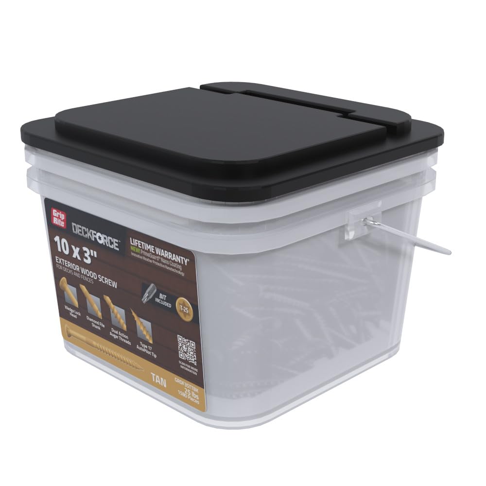Grip-Rite DeckForce Exterior Wood Screws for Decks and Fences - Nano Coated - T-17 Autopilot Tip - Tan Deck Screws - #10 x 3-25 Lb Bucket - GRDF3STTBK