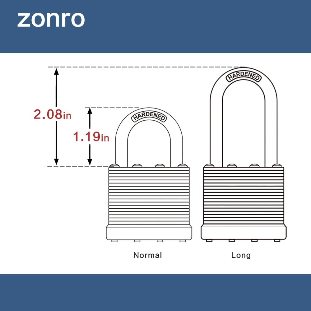 ZonRo Locks Laminated Steel Keyed Padlocks,Keyed Alike Locks, 1-9/16 inch Wide,Long Shackle Padlocks, Pack of 48，Black Hoop, for Hasp Latch, Sheds, Fences, Storage Locker, School, Gym…
