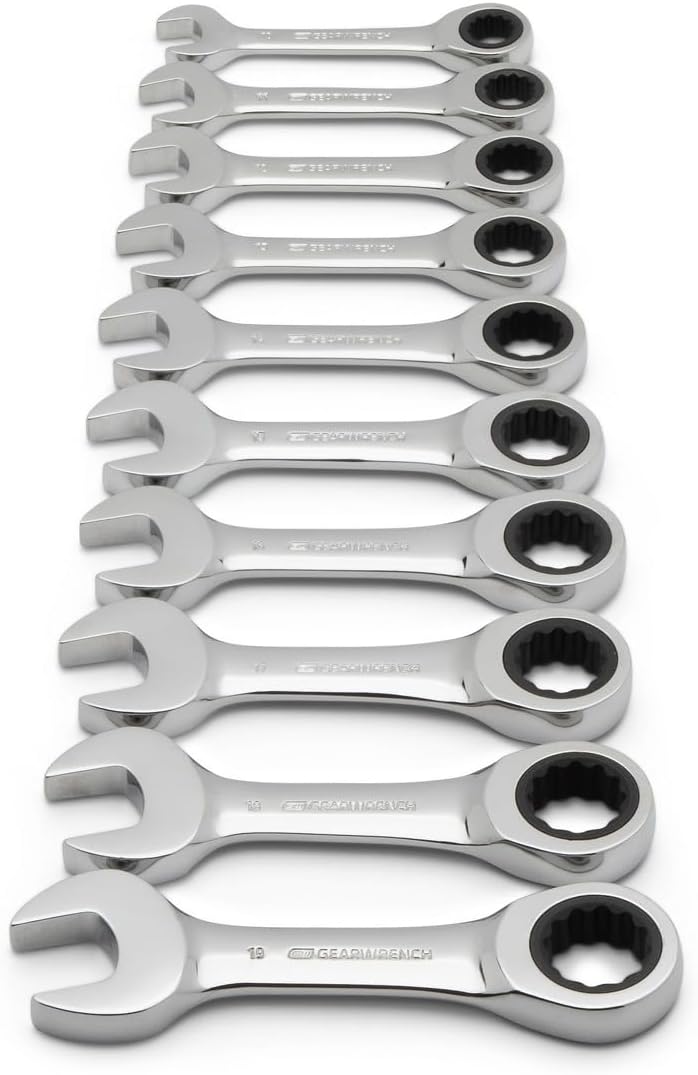 GEARWRENCH 10 Piece 12 Point Stubby Ratcheting Combination Wrench Metric Set | 9520D