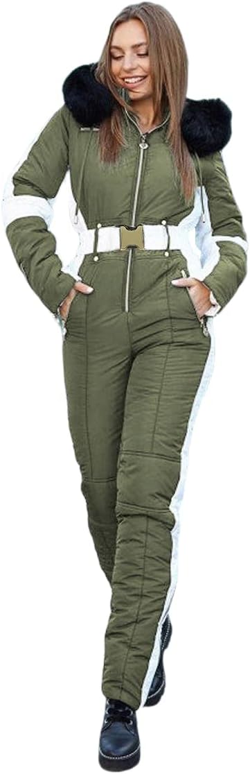 Yousify Womens Snow Suits Winter Ski Suit Onesie Outdoor Sports Waterproof Snowsuit Removable Faux Fur Collar Coat Jumpsuit