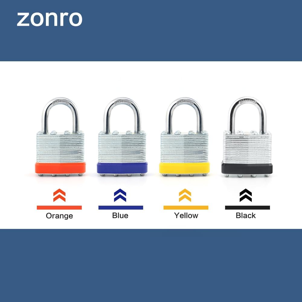 ZonRo Locks Laminated Steel Keyed Padlocks,Keyed Alike Locks, 1-9/16 inch Wide,Normal Shackle Padlocks, Pack of 48，Black Hoop, for Hasp Latch, Sheds, Fences, Storage Locker, School, Gym…
