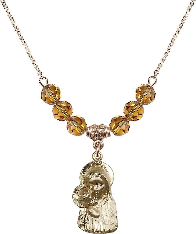 18' Gold Plated Necklace with 6mm Faux Topaz Crystal Beads featuring a 14kt Gold Filled Madonna & Child Medal.