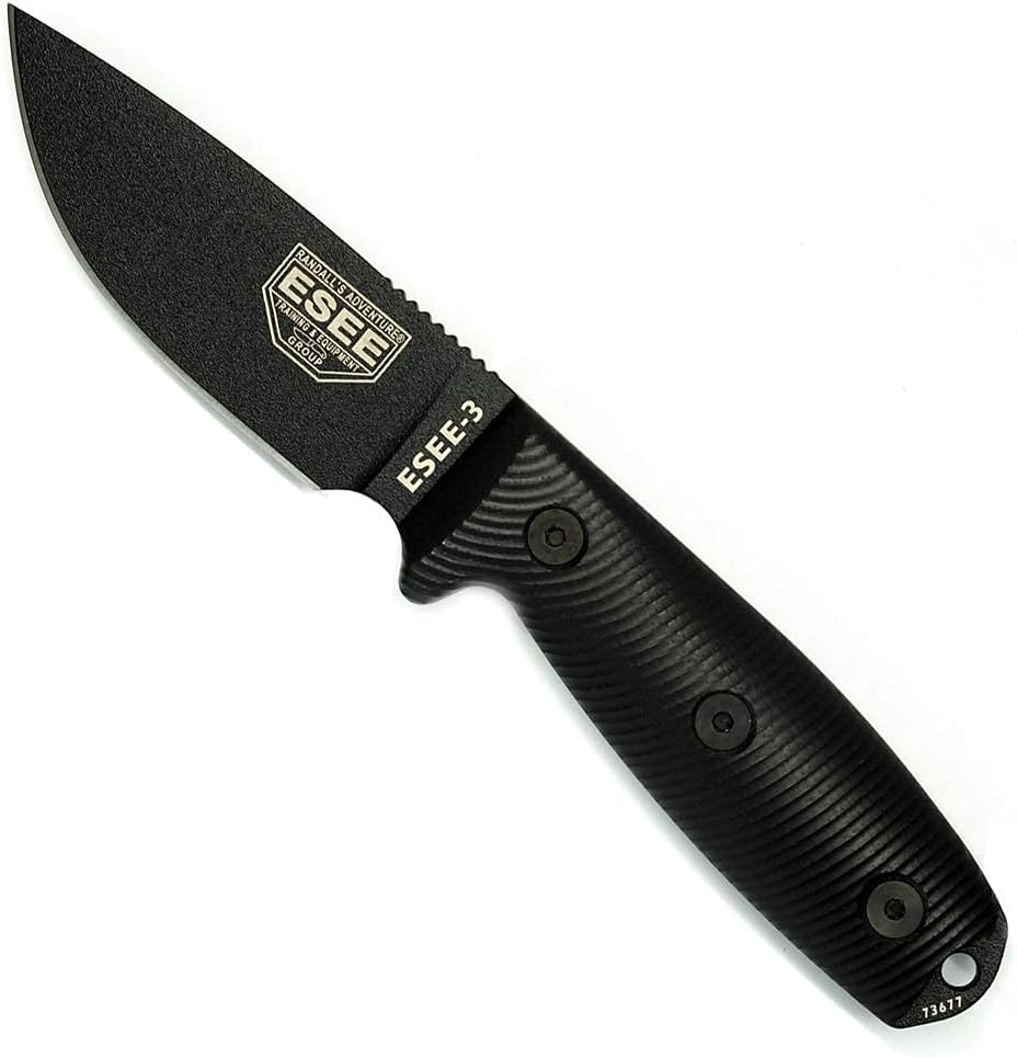 ESEE-3 Fixed Blade Knife with Sheath, 1095 Carbon Steel, Tactical Knife with 3D Contoured Handle, Made in USA, (Black Blade, Black G-10 3D Handle)