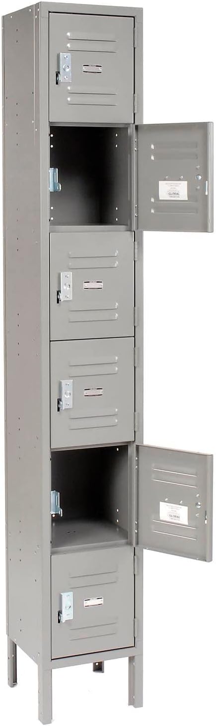 Global Industrial One-Wide Six-Tier Locker with Padlock Hasp, 12' W x 15' D x 78' H, 6 Doors, 12'x15'x12' Compartment Size, 16 Gauge Steel Construction, Unassembled, Gray