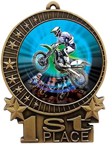 Express Medals 1 to 50 Packs - 3' Motocross 1st Place Gold Medal with Neck Ribbon Award XMDMY4