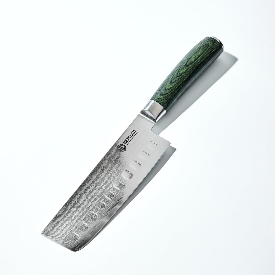 HexClad 6.5 Inch Japanese Damascus Stainless Steel Nakiri Knife, Full Tang Construction, Pakkawood Handle