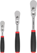TEKTON 1/4, 3/8, 1/2 Inch Drive Flex Head Non-Quick-Release Comfort Grip Ratchet Set, 3-Piece (6, 8, 10-1/2 in.) | SRH99121