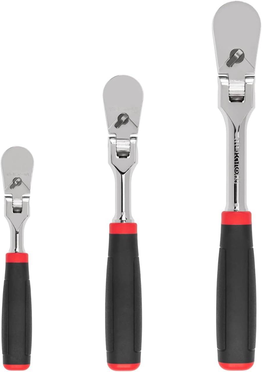 TEKTON 1/4, 3/8, 1/2 Inch Drive Flex Head Non-Quick-Release Comfort Grip Ratchet Set, 3-Piece (6, 8, 10-1/2 in.) | SRH99121