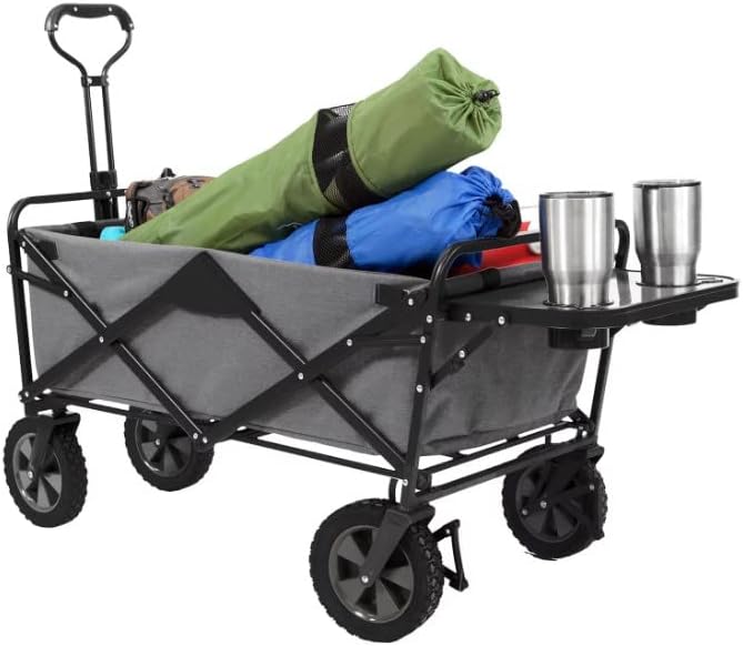 Collapsible Outdoor Utility Wagon with Folding Table and Drink Holders, Gray
