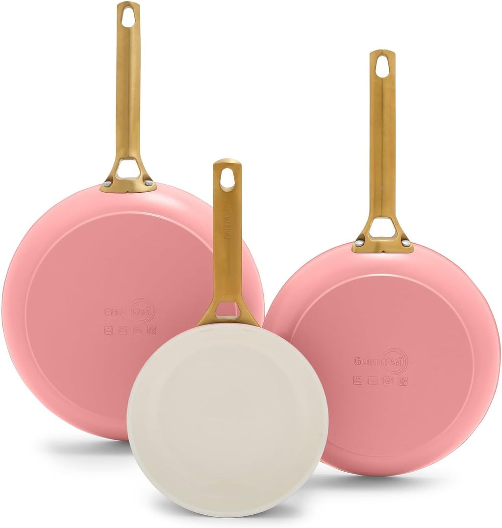 GreenPan 8' 10' & 12' 3 Piece Frying Pan Skillet Set, Healthy Ceramic Nonstick PFAS-Free Cookware, Hard Anodized Aluminum, Gold-Tone Stainless Steel Handles, Dishwasher and Oven Safe, Coral