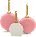 GreenPan 8' 10' & 12' 3 Piece Frying Pan Skillet Set, Healthy Ceramic Nonstick PFAS-Free Cookware, Hard Anodized Aluminum, Gold-Tone Stainless Steel Handles, Dishwasher and Oven Safe, Coral