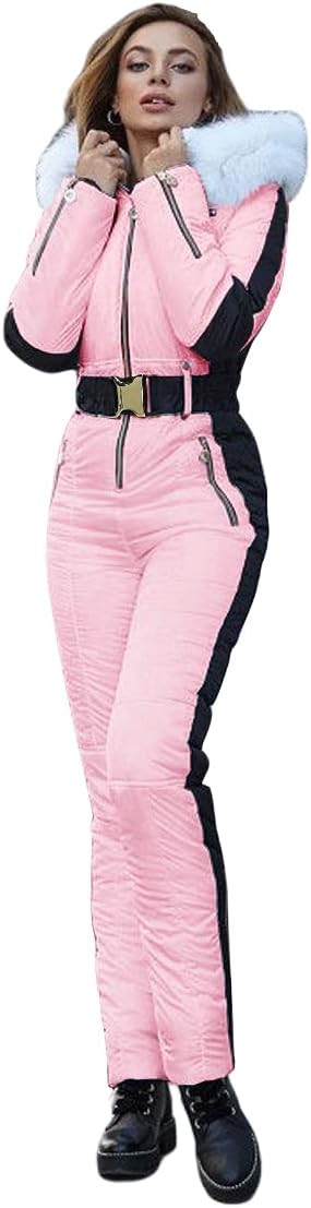 Yousify Womens Snow Suits Winter Ski Suit Onesie Outdoor Sports Waterproof Snowsuit Removable Faux Fur Collar Coat Jumpsuit