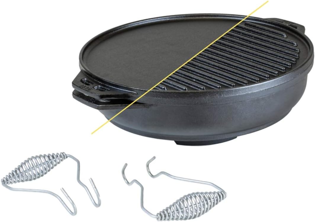 Lodge Cast Iron Cookware Set with Accessories - Five-Piece Cast Iron Cookware Set with Reversible Grill/Griddle, Wok, Handles and Leather Gloves