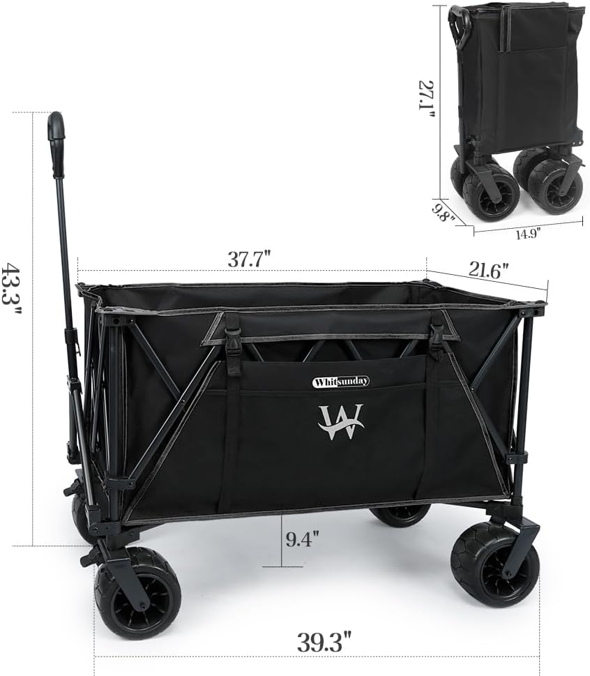 Whitsunday Heavy Duty Collapsible Wagon Cart, 380lb Load-Bearing Utility Wagon Cart with Big All Terrain Wheels, Folding Outdoor Wagon with Side Pocket for Beach, Camping, Outdoor Black