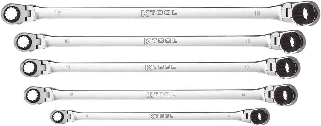 K Tool International XDDBM10 5 Piece Reversible Double Box Ratcheting Wrench Set for Garages, Repair Shops, and DIY, Black
