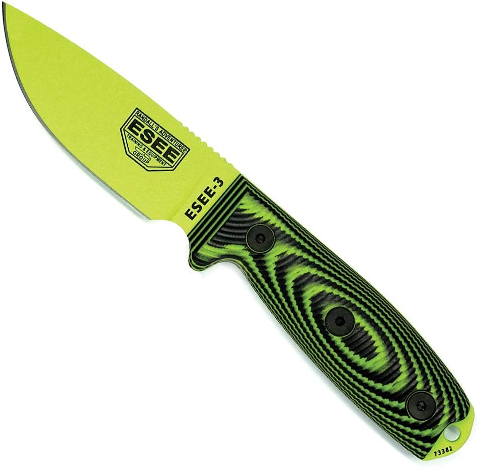 ESEE-3 1095 Carbon Steel, Black Sheath (Venom Green Blade, Neon Green/Black G-10 3D Handle)