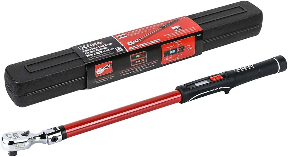 ARES 43008-1/2-Inch Drive Flex Head Digital Torque Wrench – Torque and Angle Readings - 25-250 ft-lb (30-340 Nm) Electronic Reversible Ratchet, Multi-Alert, ±2% Accuracy – Auto, Motorcycle, Mechanic
