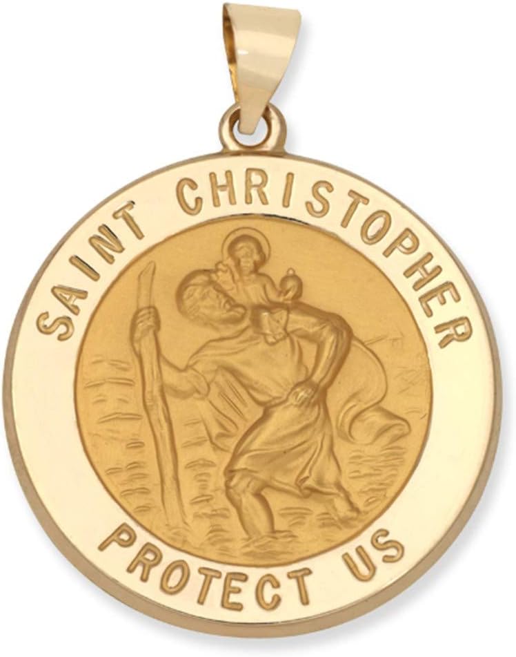 14k Yellow Gold and White Gold Polished Saint Christopher Pendant Medal Necklaces for Men and Boys