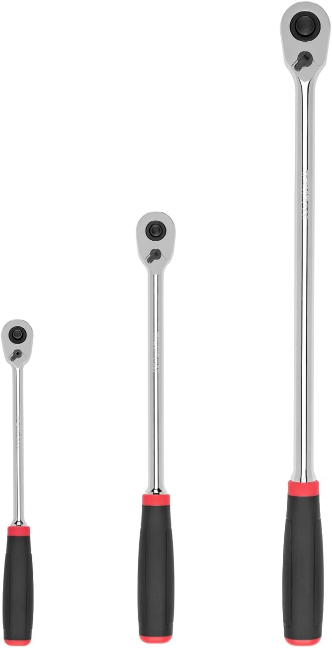 TEKTON 1/4, 3/8, 1/2 Inch Drive Quick-Release Comfort Grip Long Ratchet Set, 3-Piece (9, 12, 18 in.) | SRH99124