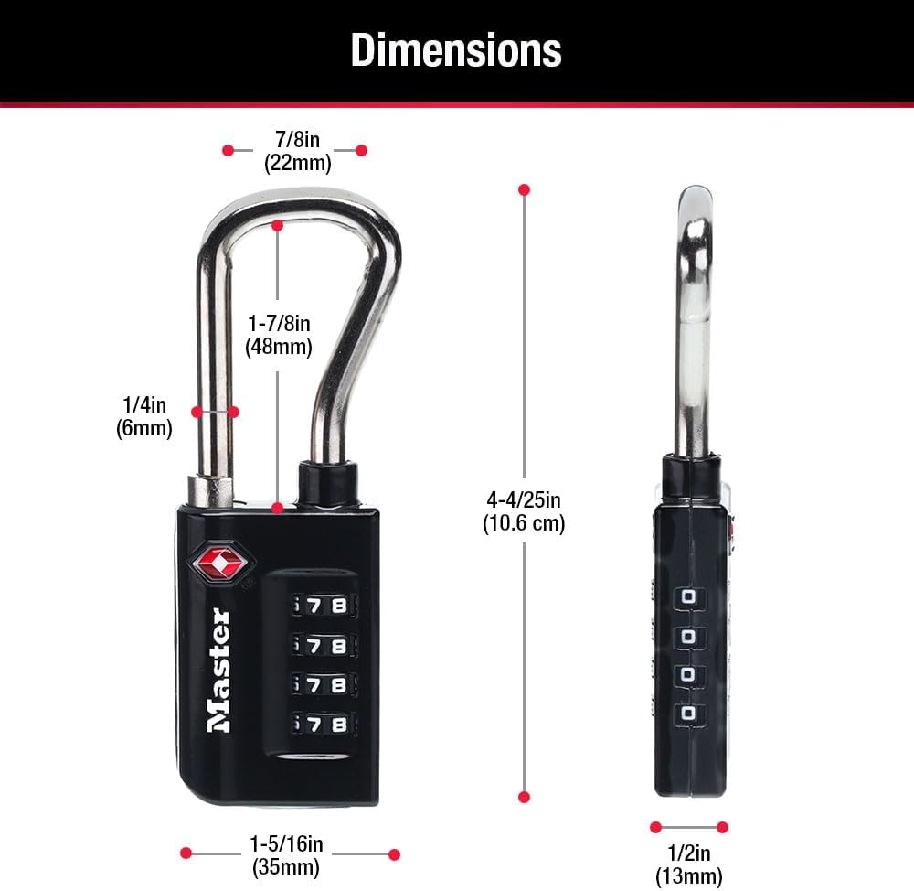 Master Lock Padlock, Set Your Own Combination TSA Accepted Luggage Lock, 1-5/16 in. Wide, Black, 4 pk, 4696EC4 (Pack of 10)