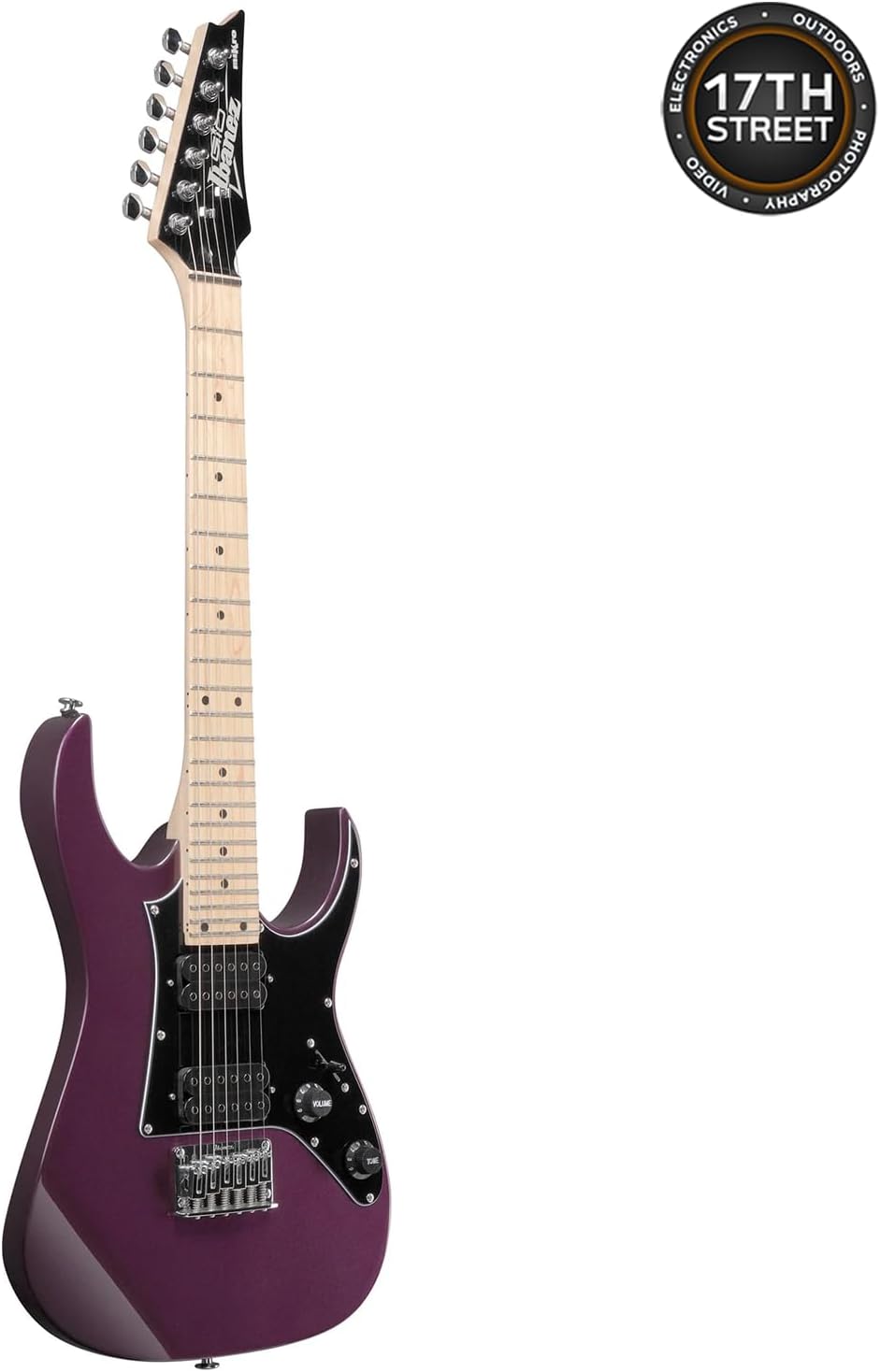 Ibanez GRG miKro Series 6 String Solid-Body Electric Guitar, Metallic Purple gloss Finish with GSF50 Powerpad Strap, String Capo, 15 Pack Guitar Picks, Organizer Storage Box, & Cleaning Cloth - Bundle
