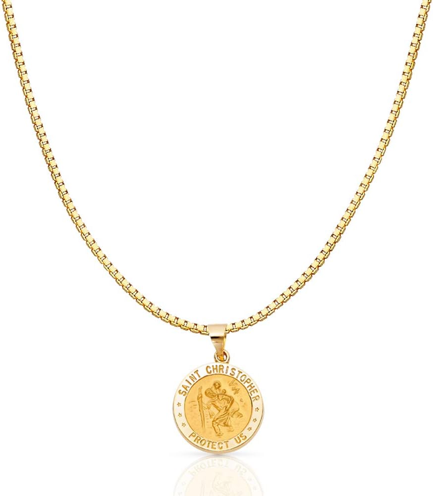 14K Yellow Gold Religious Protect Us St. Christopher Medal Pendant Necklace with 1mm Box Chain