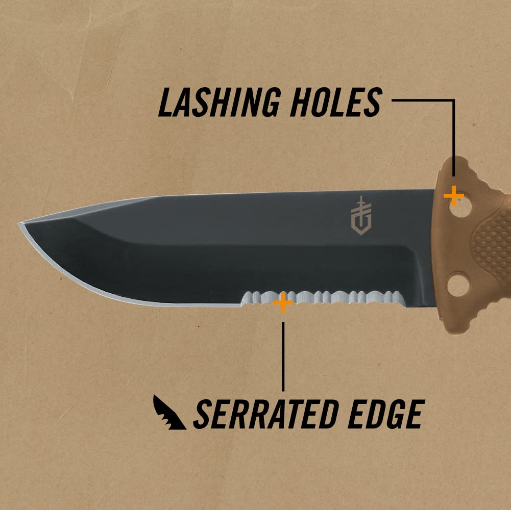 Gerber Gear LMF II Infantry Survival Knife, Made in USA Military Grade Tactical Fixed Blade with Serrated Edge, Shock Absorbing Handle, Molle Sheath and Sharpener, Coyote Brown