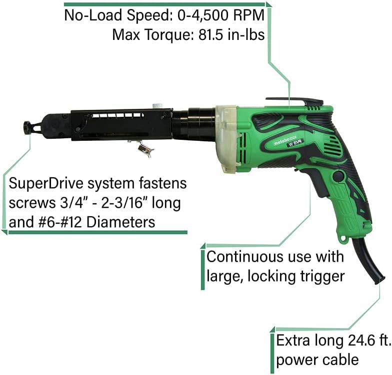 Metabo HPT SuperDrive Collated Screwdriver | 24.6 Ft Power Cord | 6.6 Amp Motor | W6V4SD2