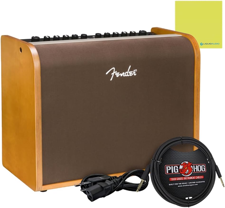 Fender Acoustic Guitar Amplifier 100-watt, Natural Blonde Bundle w/Pig Hog PCH10BK Black Woven Instrument Cable, Power Cable and Liquid Audio Polishing Cloth