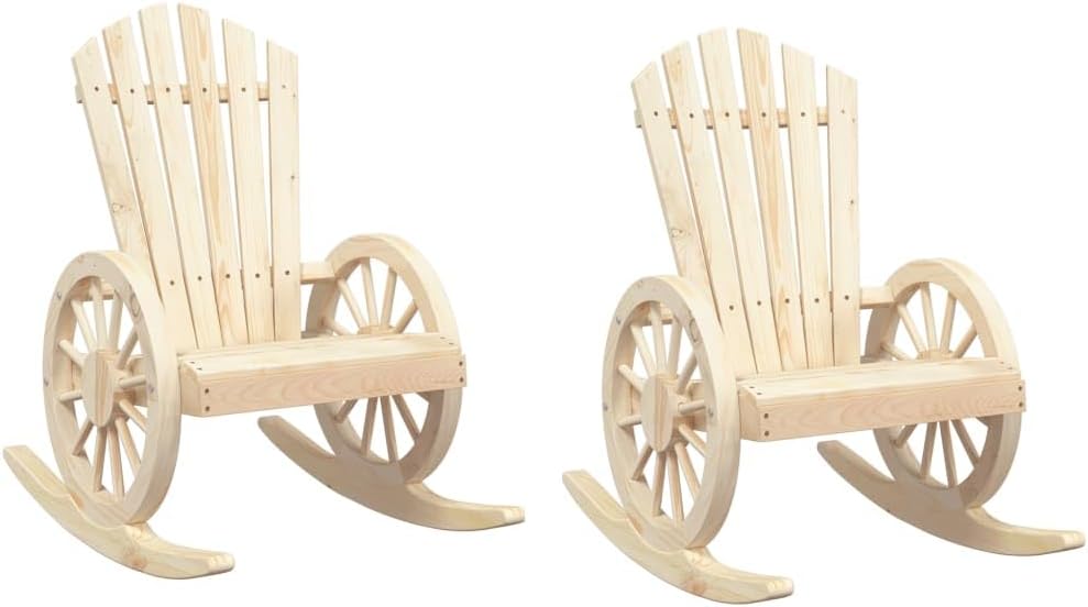 Rocking Adirondack Chairs 2-Piece Solid Wood Fir Outdoor Patio Furniture Set with Ergonomic Design and Wagon-Wheel Armrests for Gardens, Pool Sides, Deck