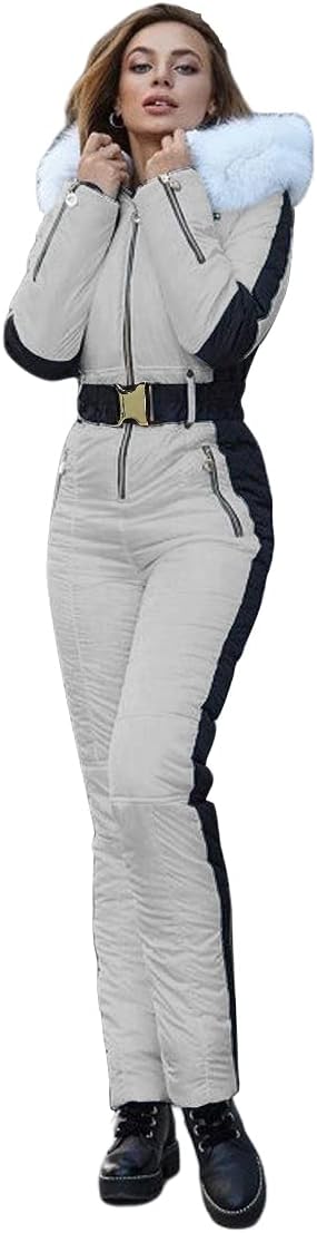 Yousify Womens Snow Suits Winter Ski Suit Onesie Outdoor Sports Waterproof Snowsuit Removable Faux Fur Collar Coat Jumpsuit