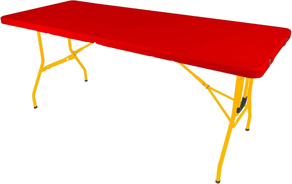 Creative Outdoor Folding Table and Chairs, 6 Ft, Built-in Wheels, Portable Durable Plastic (Red & Yellow)