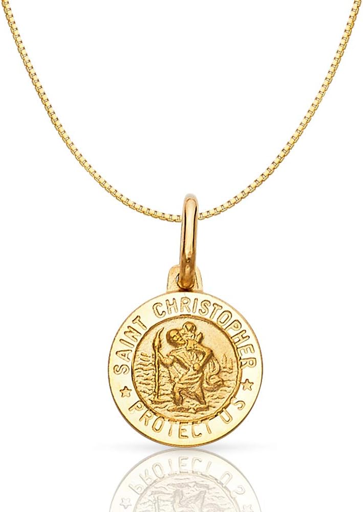 14K Yellow Gold St. Christopher Medal Pendant Necklace Protect Us Charm with 0.6mm Box Chain