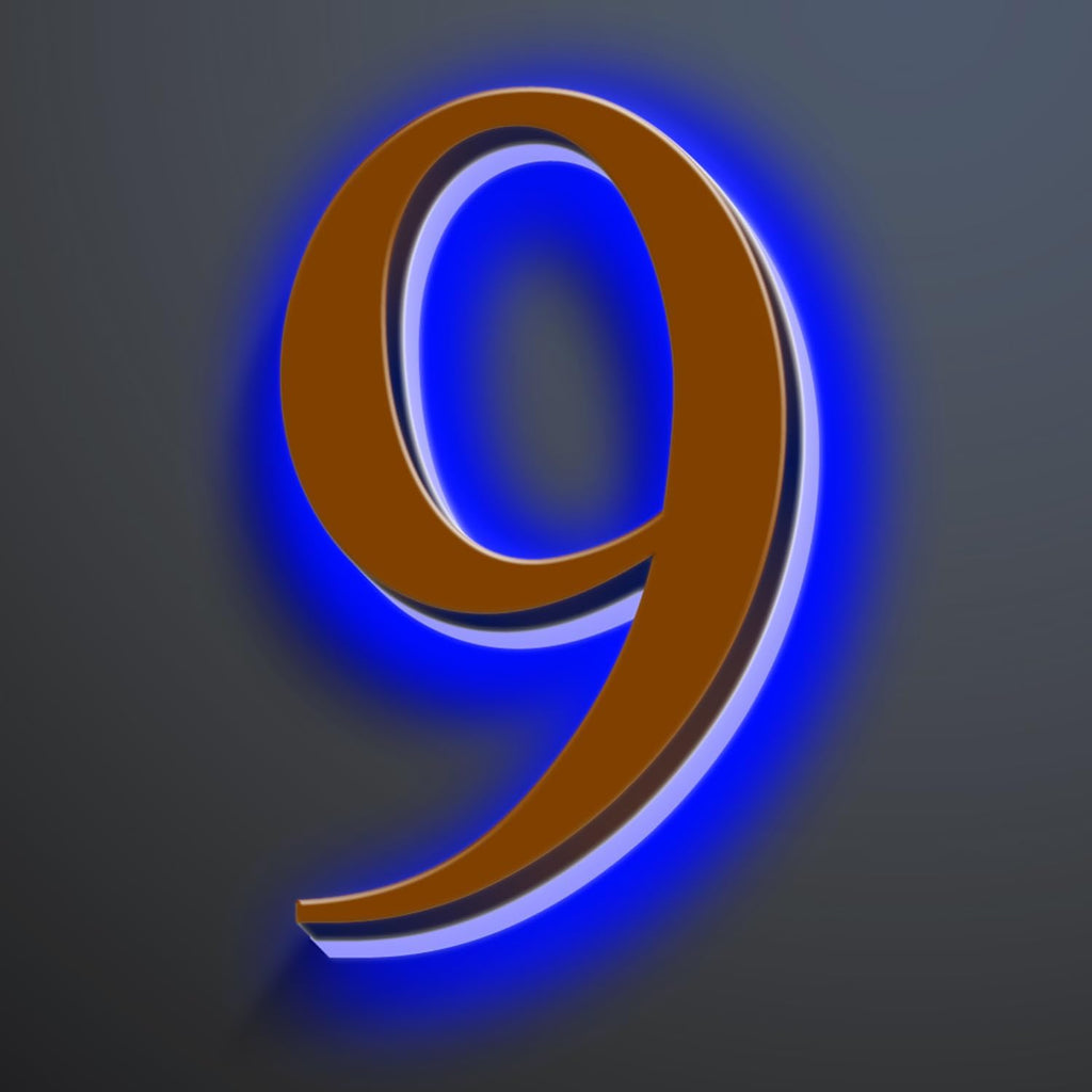 Backlit LED Illuminated House Numbers 18 Inch, Stainless Steel Hand-Polished For House Address Signs, Large Metal Modern Lighted Home Address Numbers, Brown, Blue Light,9