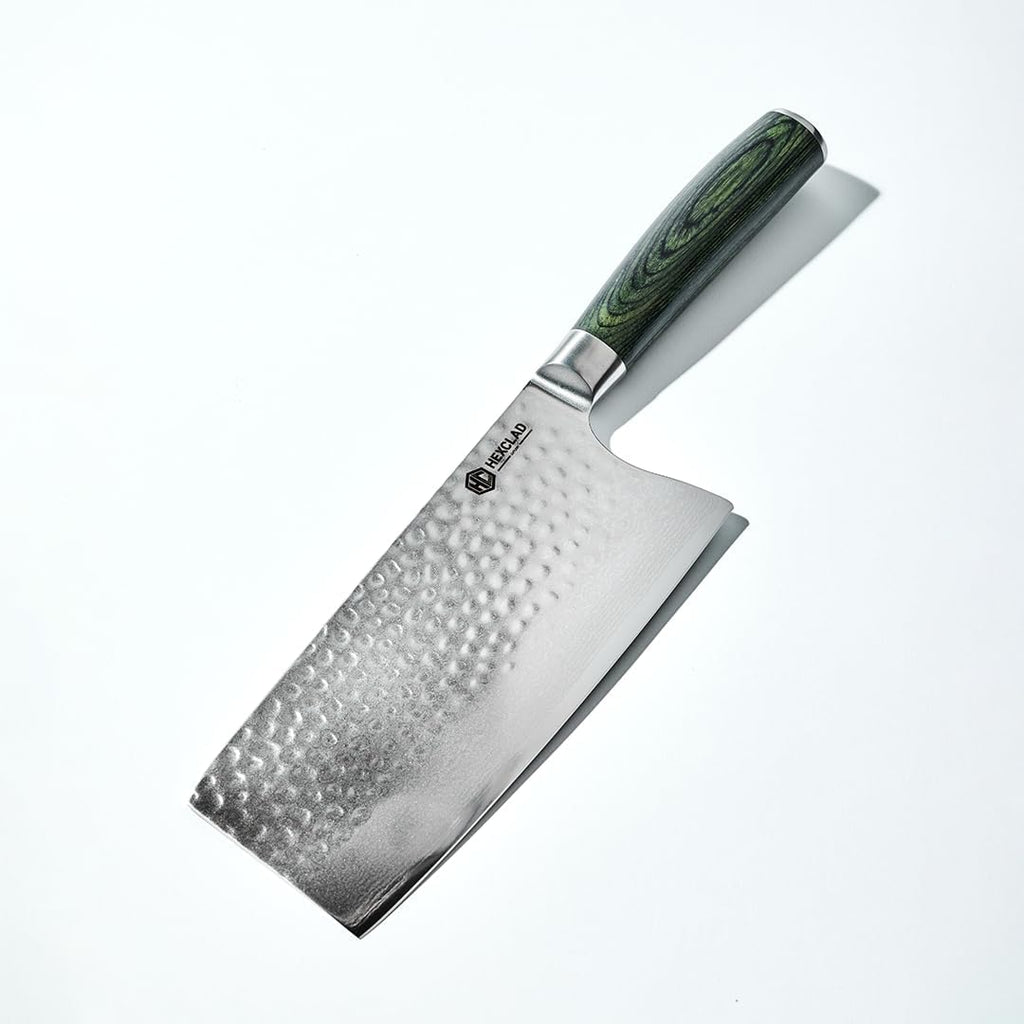 HexClad 7 Inch Japanese Damascus Stainless Steel Cleaver Knife, Full Tang Construction, Pakkawood Handle