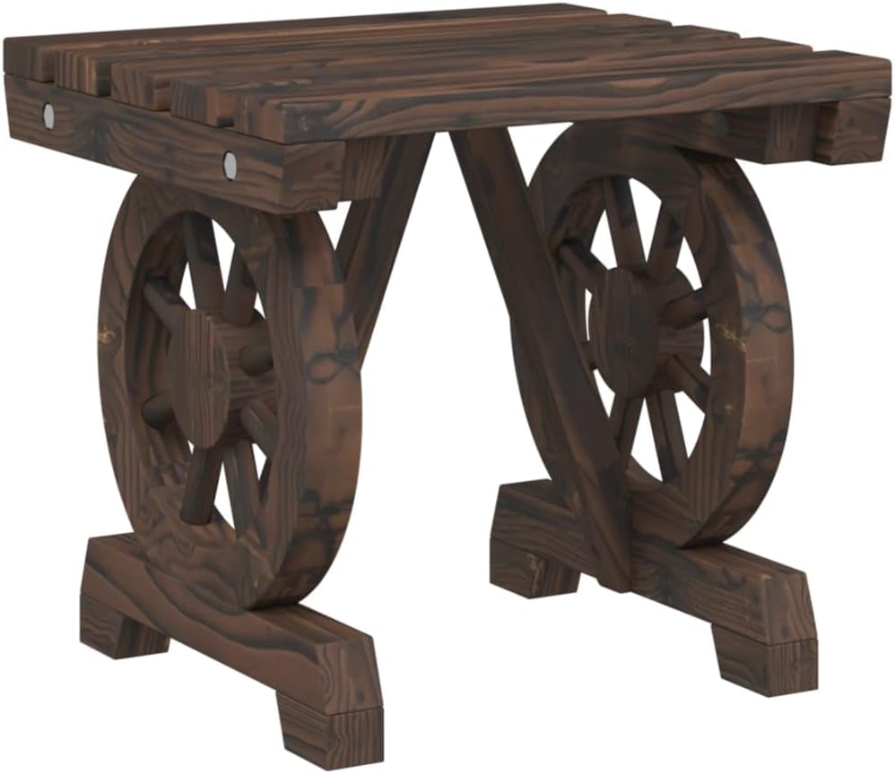 2-Piece Solid Wood Fir Patio Footstools Outdoor Ottoman Set with Wagon Wheel Design, Burnt Look Accent Furniture for Garden, Terrace, Deck