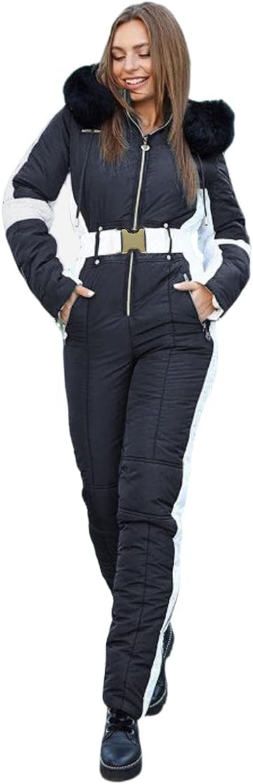 Yousify Womens Snow Suits Winter Ski Suit Onesie Outdoor Sports Waterproof Snowsuit Removable Faux Fur Collar Coat Jumpsuit