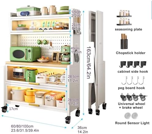 5-Tier Rolling Kitchen Bakers Rack with Power Outlets, Mobile Storage Shelves, Large Organizer for Garage, Pantry & Home - White, 31.5in Kitchen Cabinet