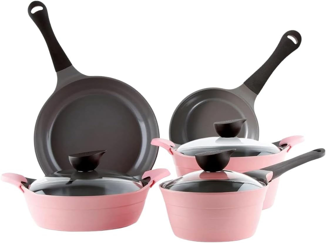 Neoflam Eela 8-Piece Pink Ceramic Nonstick Chef Cookware with Glass Lid, Kitchen Pot and Pan Cooking Set, Ceramic Coating, Easy to Clean, Great Gift for Kitchen, Made in Korea