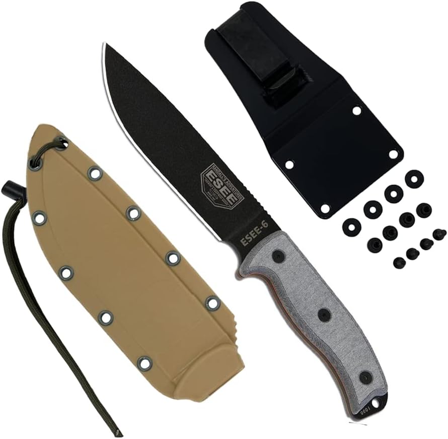 ESEE Knives 6P Fixed Blade Knife w/Molded Polymer Sheath (Black Blade/Coyote Brown Sheath)