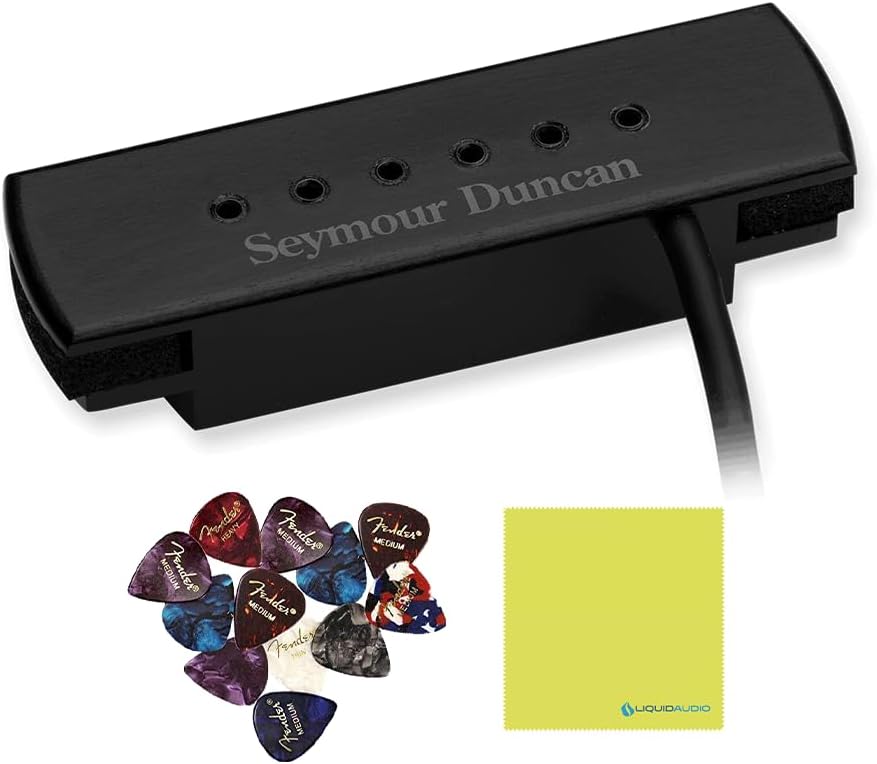 Seymour Duncan Woody XL, Sound Hole Pickup Acoustic Guitar Black Color Bundle with 12x Fender Guitar Picks and Liquid Audio Instrument Polishing Cloth - 11500-32-BLK Model