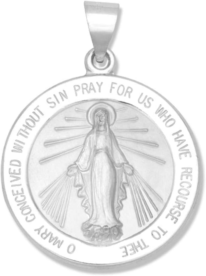 RP 14k White Gold Polished Miraculous Virgin Mary Double Sided Pendant Medal, 3/4' Size of Dime