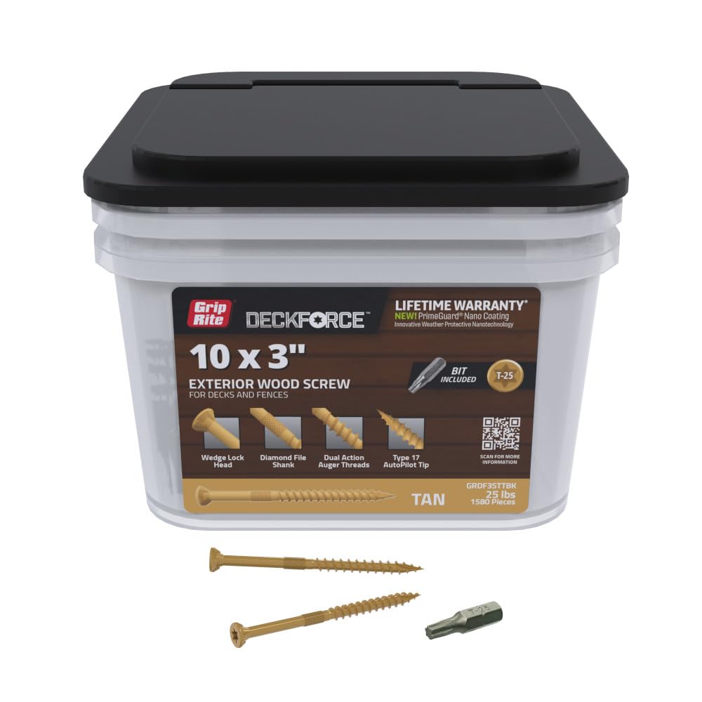 Grip-Rite DeckForce Exterior Wood Screws for Decks and Fences - Nano Coated - T-17 Autopilot Tip - Tan Deck Screws - #10 x 3-25 Lb Bucket - GRDF3STTBK