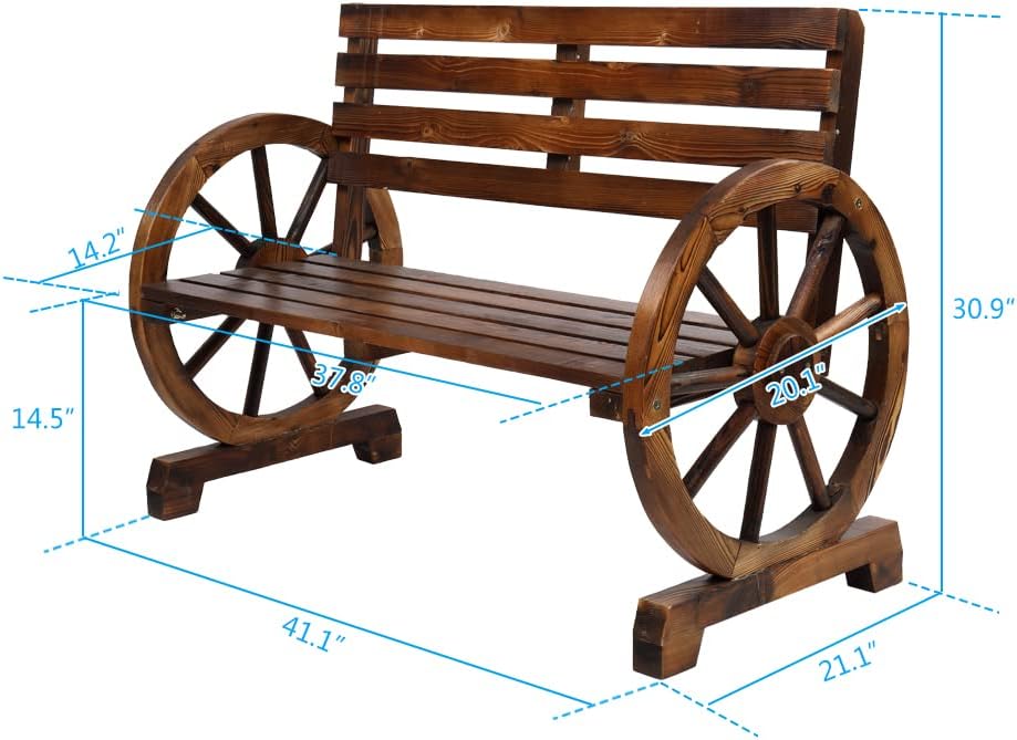 Patio Garden Wooden Wagon Wheel Bench Rustic Wood Design Outdoor Furniture