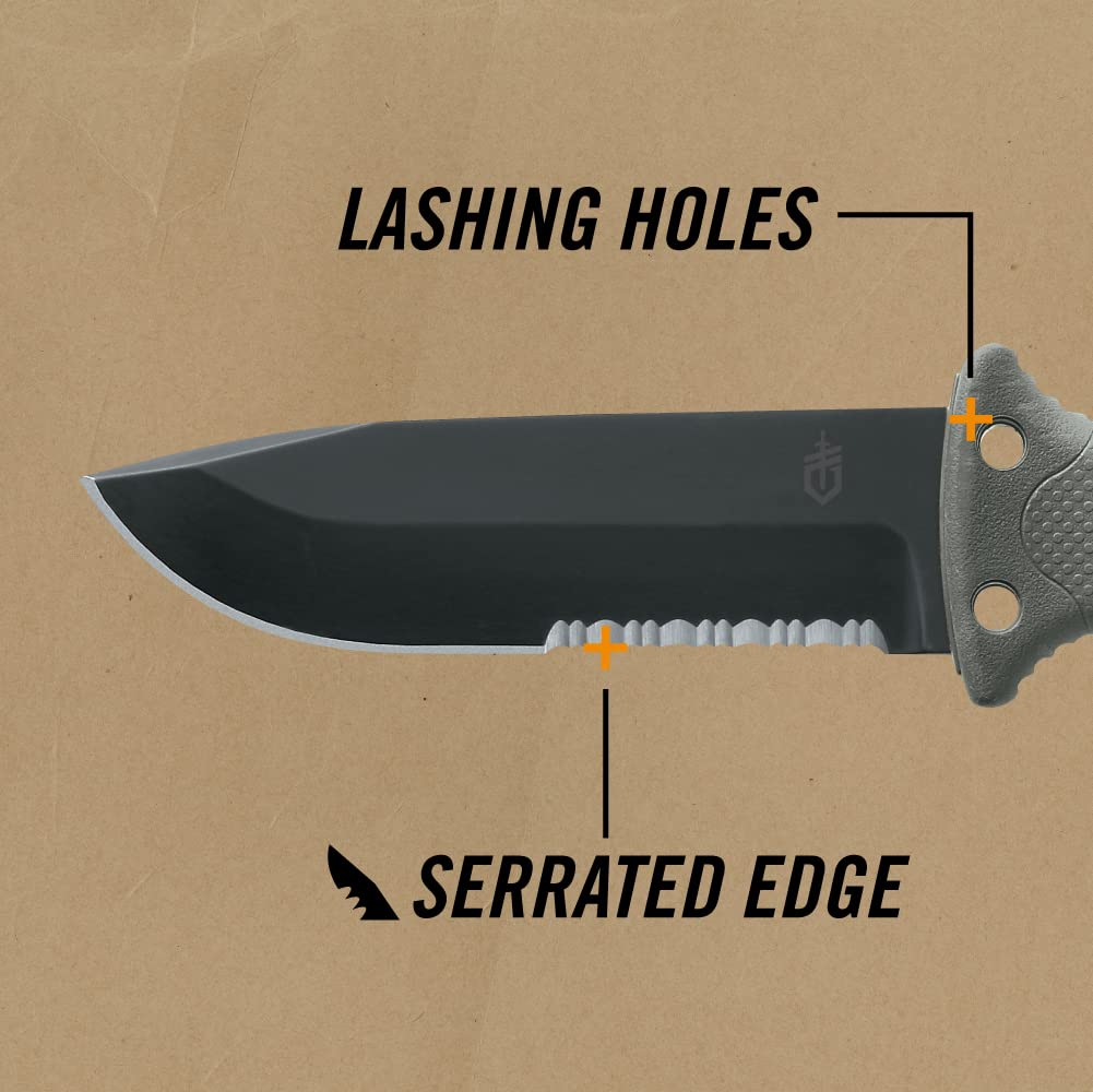 Gerber Gear LMF II Infantry Survival Knife, Made in USA Military Grade Tactical Fixed Blade with Serrated Edge, Shock Absorbing Handle, Molle Sheath and Sharpener, Green