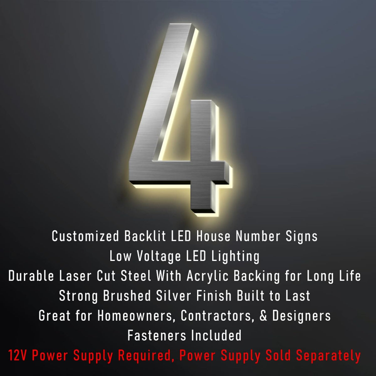 Backlit 3D LED House Number Plaque Warm White Light 0-9 Letter A-Z Stainless Steel Illuminated Address Sign For Home Outdoor, Modern Floating, Brushed Silver,14 Inch,5