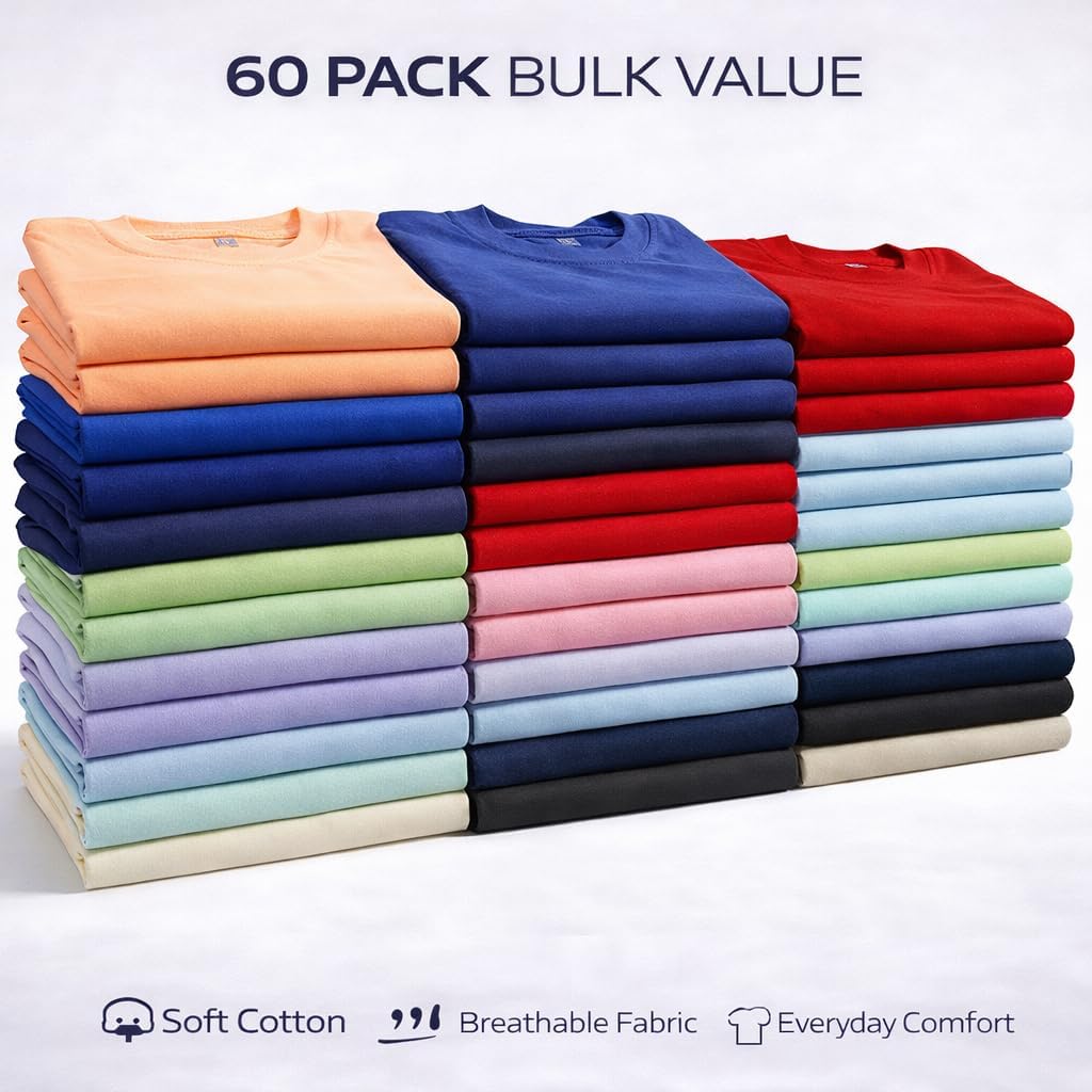 SOCKS'NBULK Men's Cotton Crew Neck Regular T-Shirts Bulk Short Sleeve Lightweight Tees Mix Colors