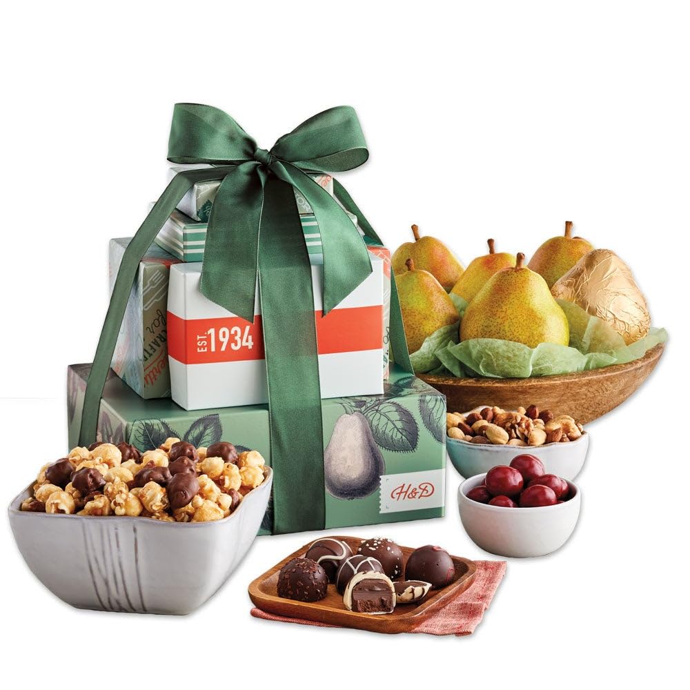 Harry & David Tower Of Treats Food Gift Basket, Fruit & Nut Gift Basket With Pear, Nut, Popcorn, Cheese, Truffles, Chocolate Covered Cherries, All Occasions, Family, Friends, Coworkers